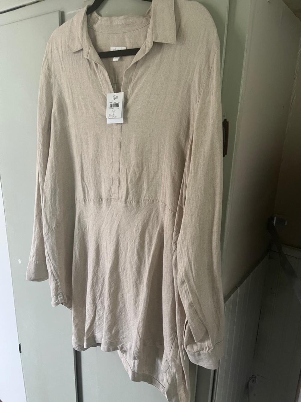 Relaxed Long-Sleeve V-Neck Tunic Top in Beige